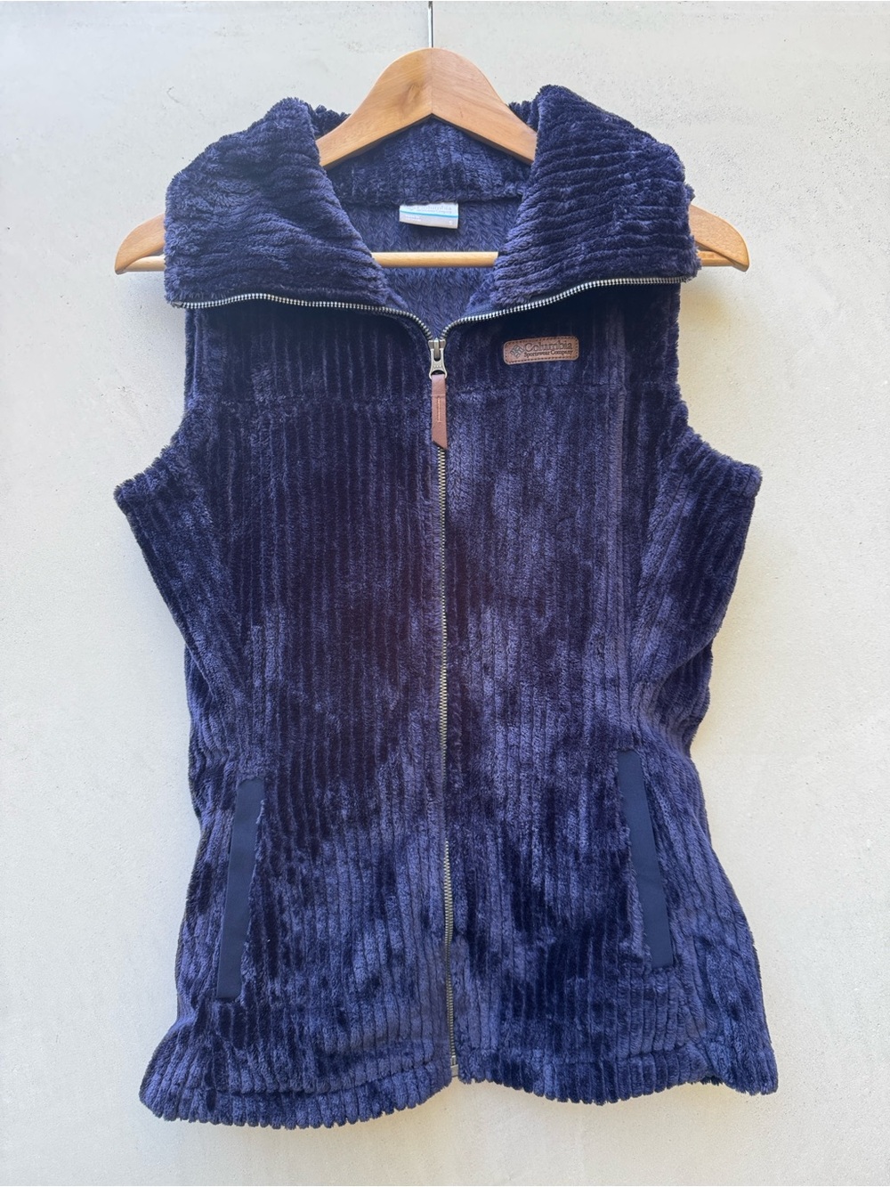 Columbia Fleece Vest Navy Blue Full Zip Hooded Collar Outdoor Hiking Small